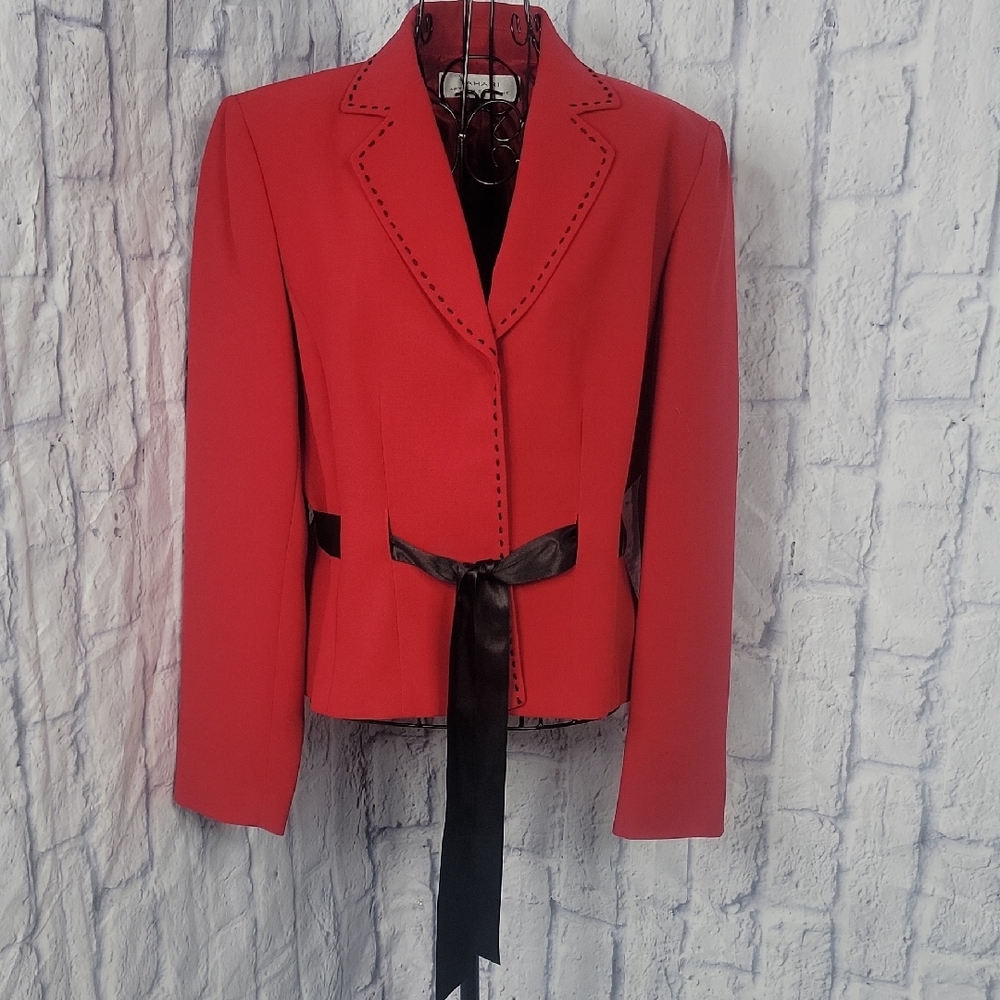 Tahari Red Blazer Jacket‎ with Satin Tie Waist Size 10